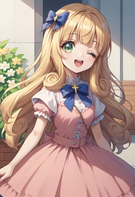score_9, score_8_up, score_7_up, source_anime, highly detailed, 1girl, solo, cute,
poporon, 1girl, one eye closed, solo, blonde hair, long hair, dress, pink dress, green eyes, bow, open mouth, wink, ribbon, ribbon on hair, blue ribbon,