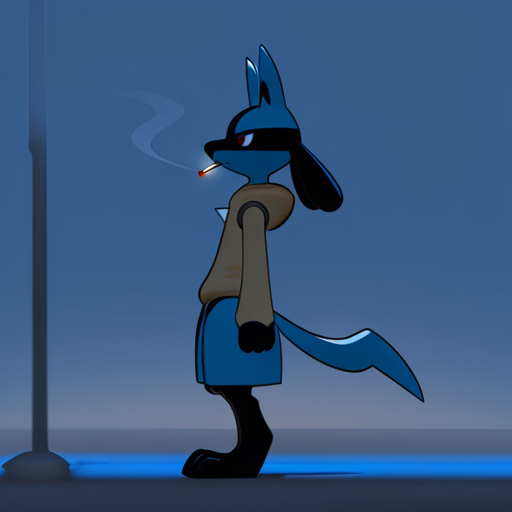 <lora:Inkune-09:1>inkune,
masterpiece,best quality,amazing quality, sfw,
BREAK
solo, lucario, pokemon (creature), male,
BREAK
1boy, displeasure expression, tired, hoodie,
standing, smocking, 
from side, fullbody, night, dark ambient, no illumination, cigarette light