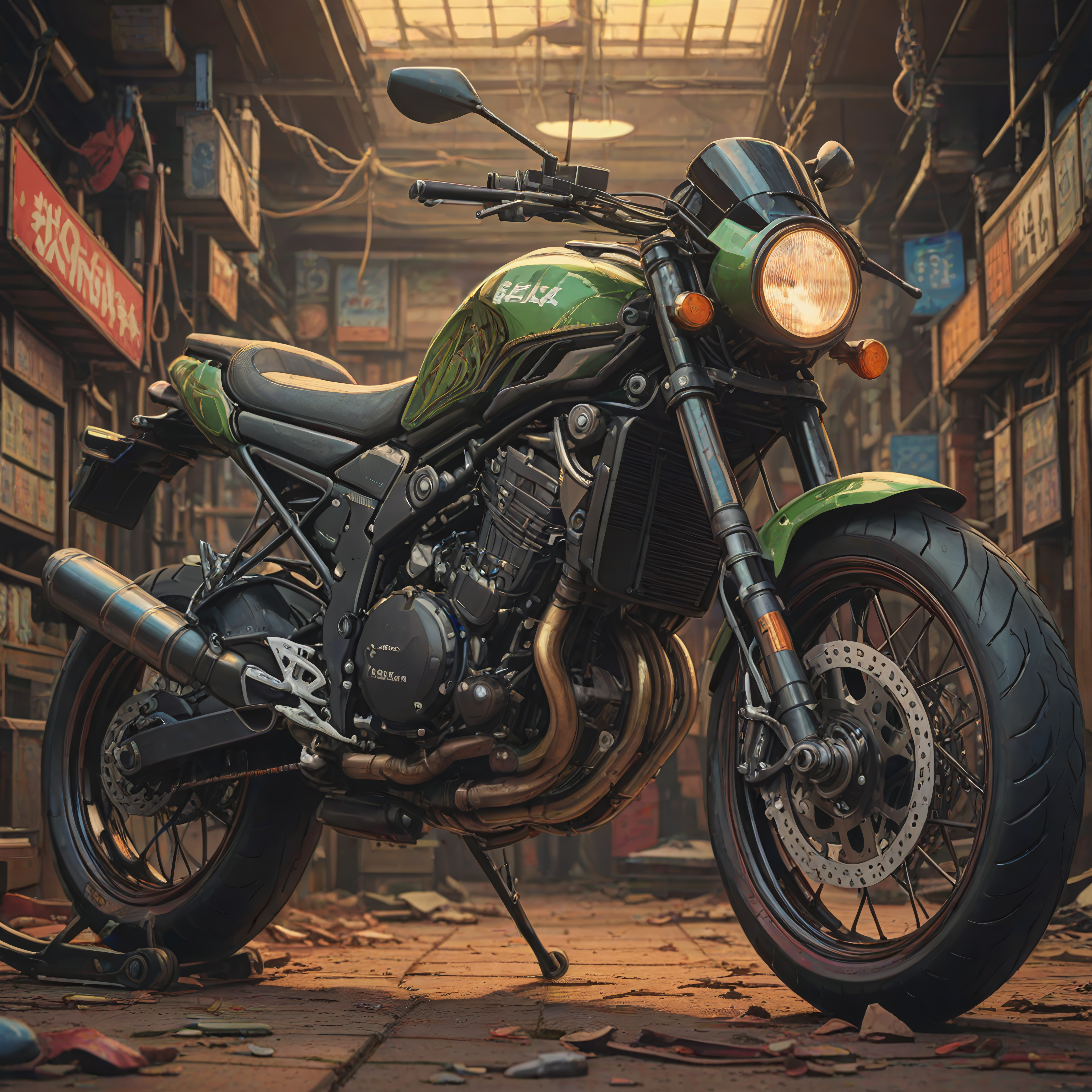 stylized by Tsubasa Nakai, anime fantasy art, Dutch angle shot of a (Kawasaki:1.1) , it is Pitiful, with barcode embroidery, Detailed illustration, Sci-Fi, Warm lighting, 35mm, vibrant, extremely beautiful, rich colors, fractal ,8k, masterpiece, best quality, hyperrealistic, superrealistic, photorealistic, ultra sharp, 16 bit colors, highres,