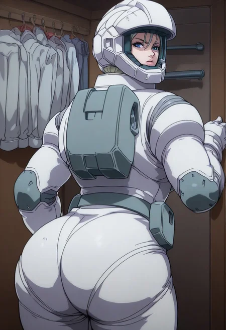 masterpiece, best quality, good quality, GTBClaudia, 1girl, solo, blonde hair, blue eyes, white spacesuit, gloves, helmet, from behind, looking back, looking at viewer, ass, ass focus, BREAK, indoors, closet, clothes hanger