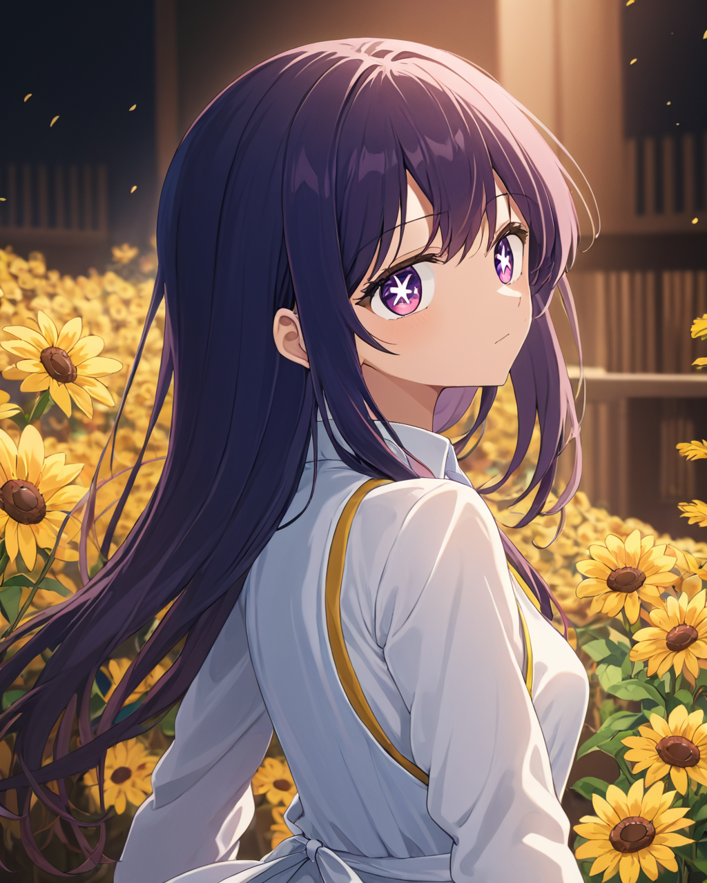 ai hoshino, 1girl, flower, apron, blurry_background, solo_focus, white_dress, long_sleeves, blurry_foreground, depth_of_field
<lora:hoshino_ai_(oshi_no_ko)_image2321_2023-12-06:1>,star-shaped_pupils,symbol-shaped_pupils,. gorgeous,key visual, vibrant, studio anime,award-winning, professional, highly detailed,high budget, cinemascope