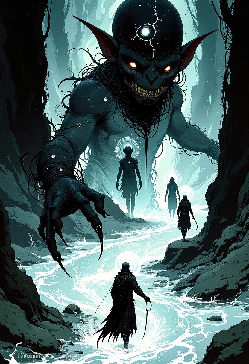 WackhaosDaal A shimmering silver river winds before the goblin, its currents revealing ghostly images of past and future selves. Some show him victorious, others fallen. He reaches out, but the water distorts around his fingers. He must choose: step in and change fate or turn back and accept destiny. The scene is ink-heavy, but the glowing river shines with ethereal silver, a surreal contrast.