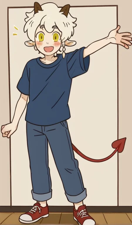 score_9, 1boy, solo, animal ears, horns, white hair, male focus, yellow eyes, braid, short hair, happy, smile, blush, looking at viewer, full body, pose, pants, shoes, devil tail, <lora:Neil_Bowman:1>