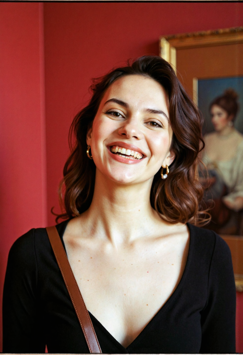 <lora:dafne-keen-dev2pro-lora:1>,DK woman,,grinning lips,Museum,Canon RF,Agfa Vista