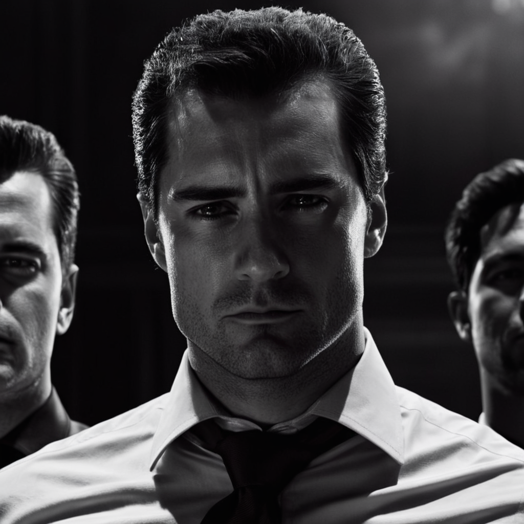 cinematic film still of  <lora:sin city style v2:1>
In Sin City universe a man with a scar on his forhead and a tie and a man with a shirt and tie sin city style,looking at viewer,shirt,1boy,closed mouth,monochrome,greyscale,male focus,multiple boys,necktie,collared shirt,2boys,blurry,facial hair,scar,formal,suit,portrait,scar on face,realistic,manly,Frank Miller's Sin City,dark theme,cinematic film,comic book series,graphic novel,Neo-noir,high contrasts,sin city style,closeup , film noir, low key light, dim light, low light, dramatic light, film grain, shallow depth of field, vignette, highly detailed, high budget, bokeh, cinemascope, moody, epic, gorgeous, film grain, grainy