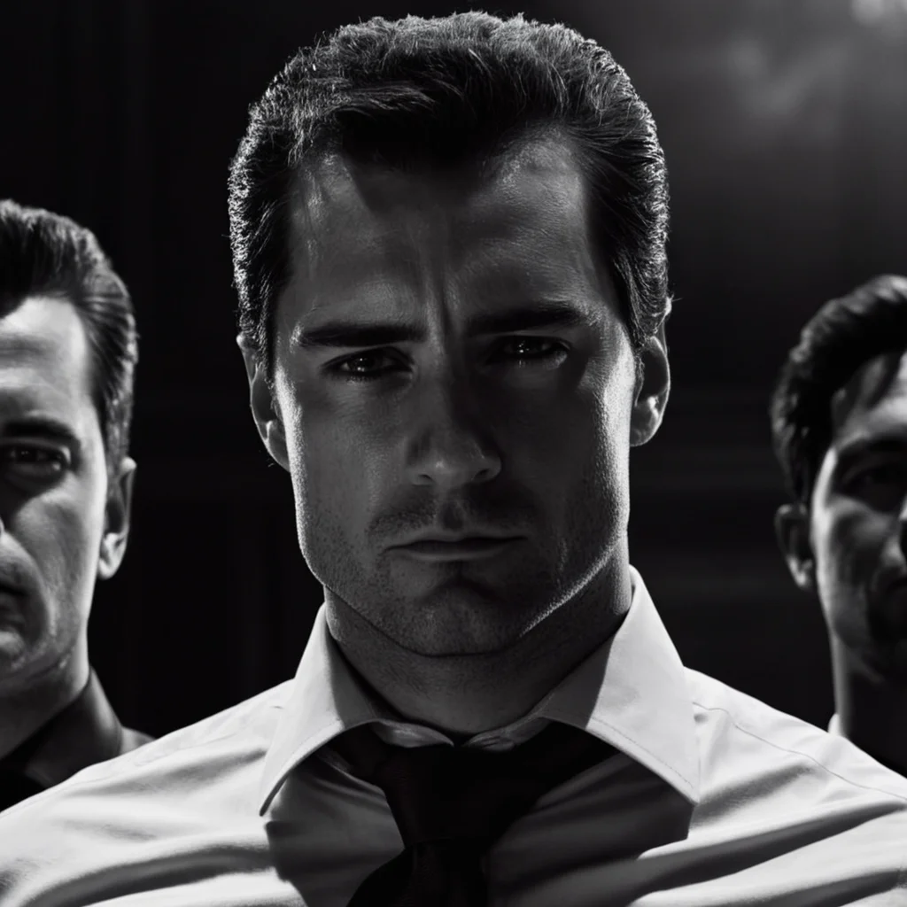 cinematic film still of  <lora:sin city style v2:1>
In Sin City universe a man with a scar on his forhead and a tie and a man with a shirt and tie sin city style,looking at viewer,shirt,1boy,closed mouth,monochrome,greyscale,male focus,multiple boys,necktie,collared shirt,2boys,blurry,facial hair,scar,formal,suit,portrait,scar on face,realistic,manly,Frank Miller's Sin City,dark theme,cinematic film,comic book series,graphic novel,Neo-noir,high contrasts,sin city style,closeup , film noir, low key light, dim light, low light, dramatic light, film grain, shallow depth of field, vignette, highly detailed, high budget, bokeh, cinemascope, moody, epic, gorgeous, film grain, grainy