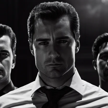 cinematic film still of <lora:sin city style v2:1>
In Sin City universe a man with a scar on his forhead and a tie and a man with a shirt and tie sin city style,looking at viewer,shirt,1boy,closed mouth,monochrome,greyscale,male focus,multiple boys,necktie,collared shirt,2boys,blurry,facial hair,scar,formal,suit,portrait,scar on face,realistic,manly,Frank Miller's Sin City,dark theme,cinematic film,comic book series,graphic novel,Neo-noir,high contrasts,sin city style,closeup , film noir, low key light, dim light, low light, dramatic light, film grain, shallow depth of field, vignette, highly detailed, high budget, bokeh, cinemascope, moody, epic, gorgeous, film grain, grainy
