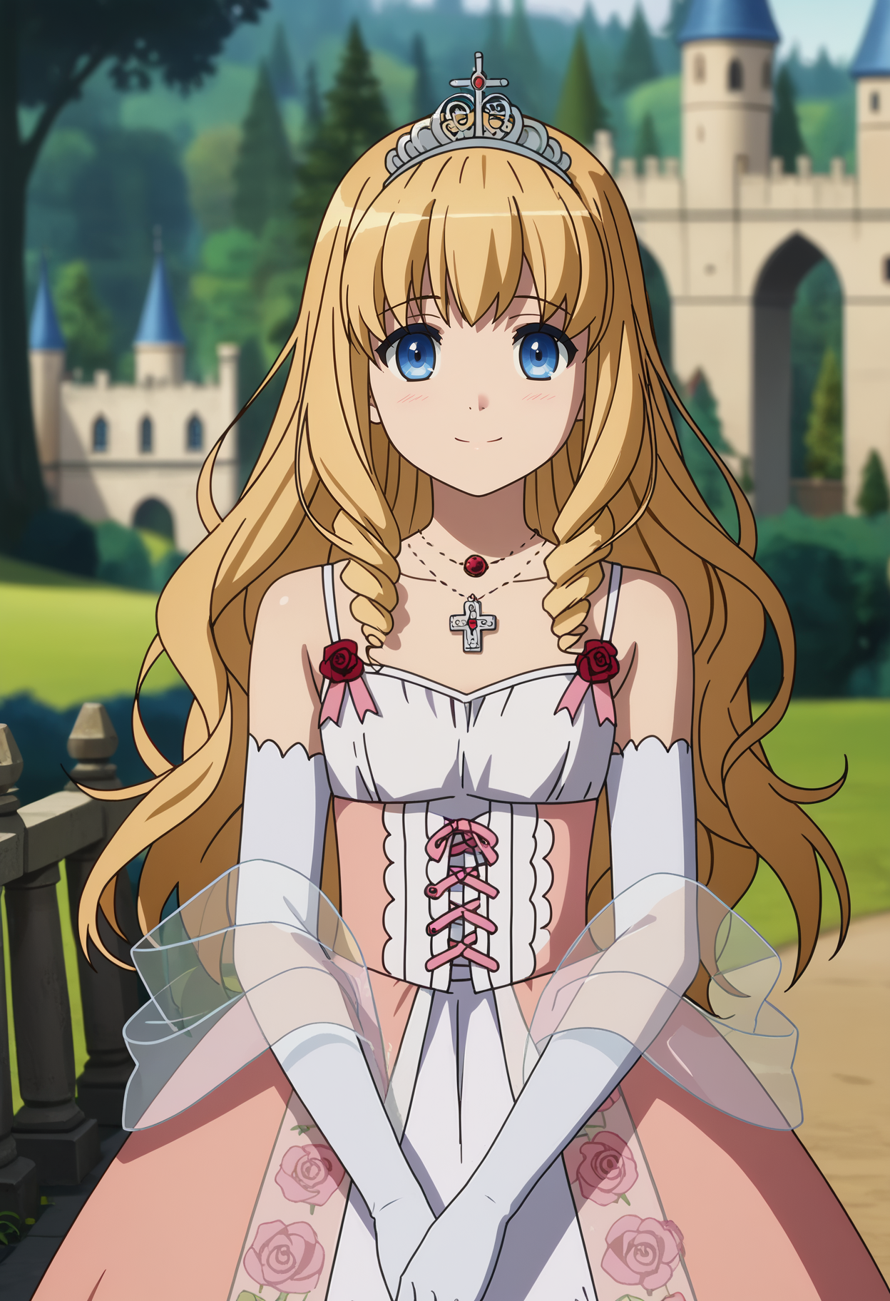 score_7_up, anime screencap,
<lora:AmagiBrilliantPark_LatifaFleuranzaXL:0.9>, LatifaFleuranza,
1girl, solo, closed mouth, light smile, light blush,
drill hair, blonde hair, blue eyes,
LatifaDress, tiara, multicolored dress, pink dress, white dress, bare shoulders, corset, frills, see-through shawl, rose, elbow gloves, whtie gloves, cross necklace, 
standing, looking at viewer,
blurry background, outdoors, forest, castle, fence