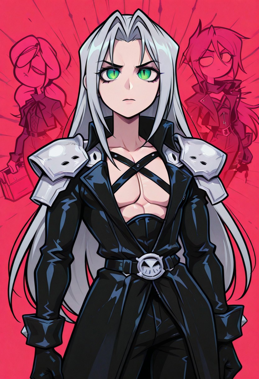 score_9,score_8_up,score_7_up,score_6_up, masterpiece, best quality, very aesthetic, 2d, ((thin lines)), vibrant saturated colors,
volumetric lighting, cinematic lighting, moody lighting, dramatic shadows,
detailed background, 
BREAK sephiroth, official outfit grey hair, long hair, very long hair, parted bangs, armor, open clothes, shoulder armor, long sleeves, pectorals, black jacket, jacket, black gloves, high collar, long bangs, black coat, green eyes, slit pupils, gothic noir background