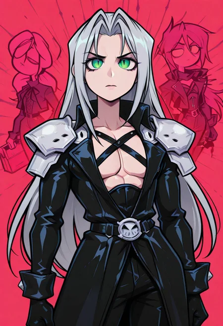 score_9,score_8_up,score_7_up,score_6_up, masterpiece, best quality, very aesthetic, 2d, ((thin lines)), vibrant saturated colors,
volumetric lighting, cinematic lighting, moody lighting, dramatic shadows,
detailed background,
BREAK sephiroth, official outfit grey hair, long hair, very long hair, parted bangs, armor, open clothes, shoulder armor, long sleeves, pectorals, black jacket, jacket, black gloves, high collar, long bangs, black coat, green eyes, slit pupils, gothic noir background