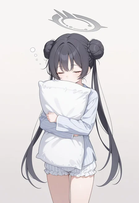 best quality, masterpiece, highres, 
K1sak1, 1girl, long hair, black hair, twintails, very long hair, small breasts, hair bun, double bun, halo,
simple  background,  standing, bloomers, pajamas, hugging pillow, sleepy,