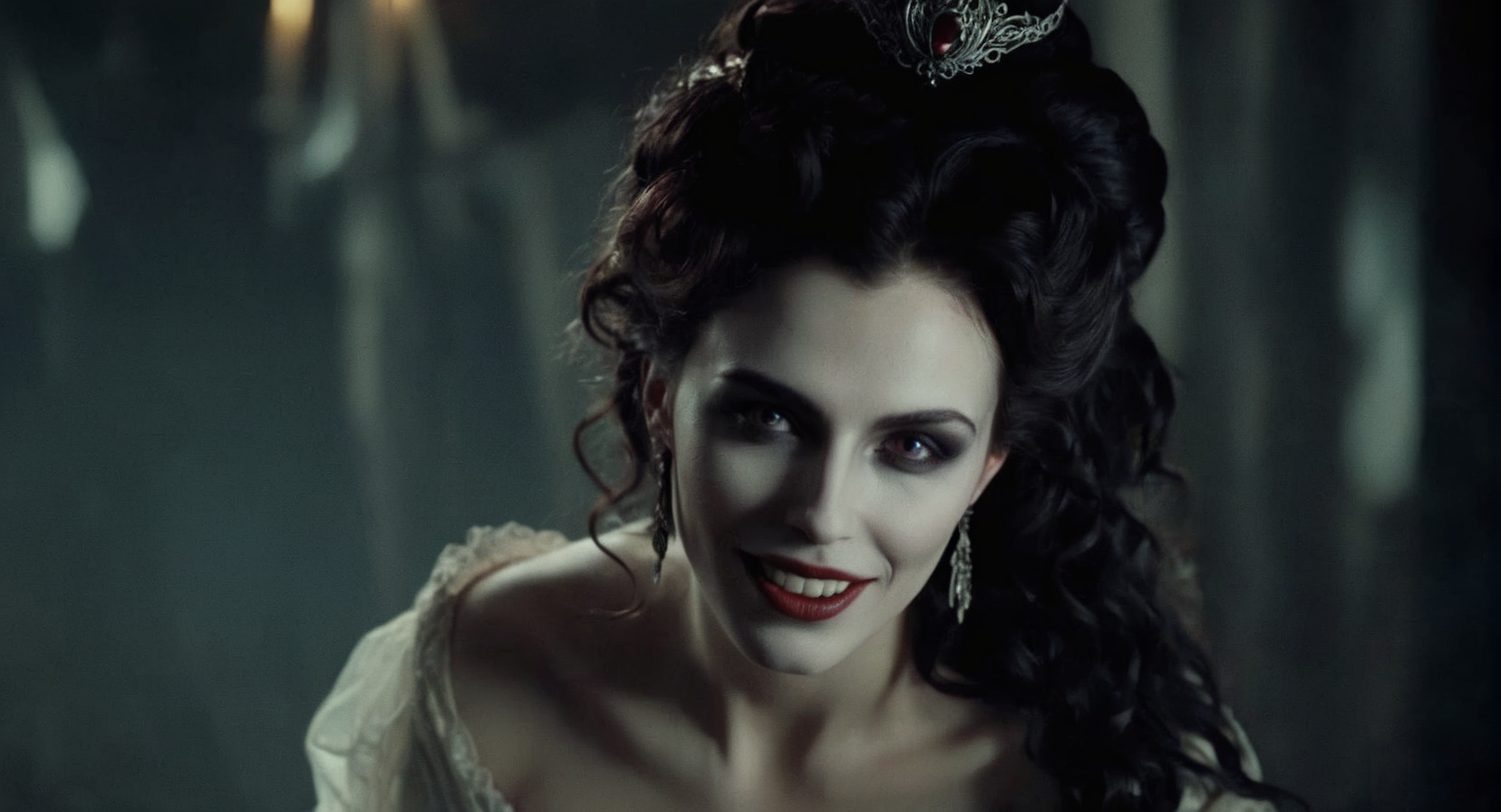 Dark Fantasy Art of (Cinematic Film stock footage style) in (arri alexa style) (Kodak film print style), hyperrealism
 <lora:Female Vampire:1>
Female Vampire a woman with a very big grin on her face and with a vampire makeup, dark, moody, dark fantasy style