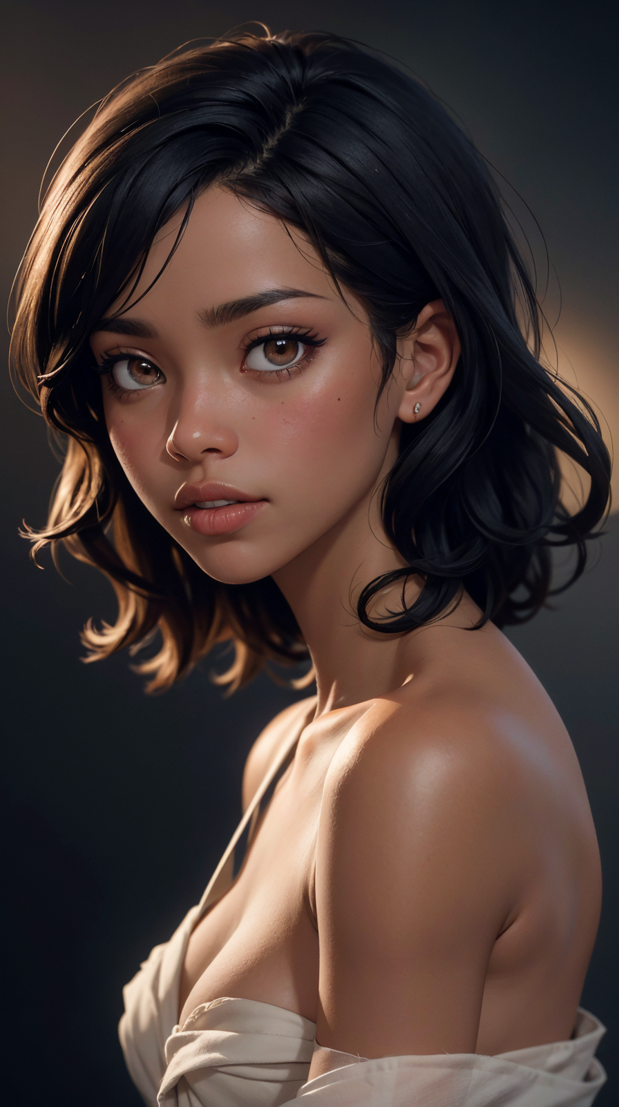 <lora:Laura_Branco:1> dark skin, black curly hair, honey eyes, party background,desaturated background,bokeh,dark theme,soothing tones,muted colors,high contrast,(natural skin texture, hyperrealism, soft light, sharp),(close-up shot) artistic photoshoot,(naked shoulders),(cloth hides breasts),   sfw,