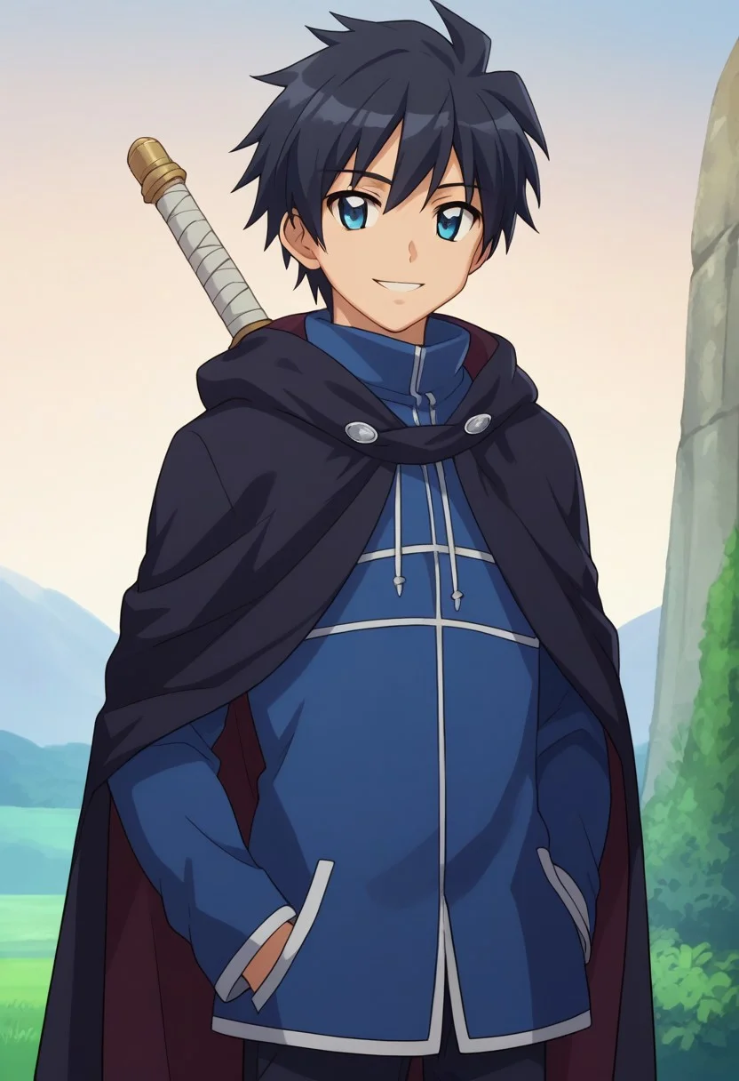 score_8_up, score_7_up, source_anime, highly detailed,
saitohiraga, solo, 1boy, male focus, hands in pockets, black hair, jacket, pants, upper body, standing, smile, long sleeves, blue eyes, smile, cape, cloak, weapon, sword on back,
outdoor, sky,