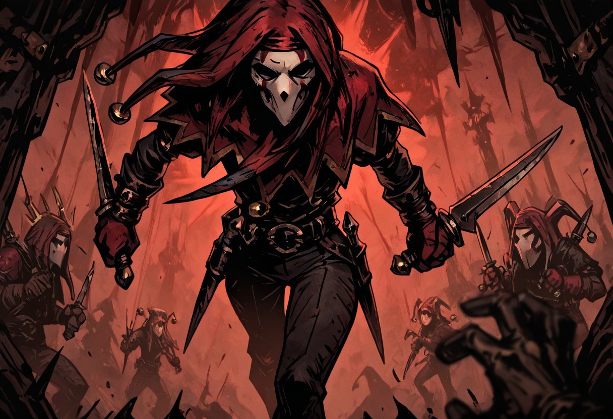 masterpiece, best quality, newest, absurdres, highres, TTCSV1.0,
((solo, solo focus)) 
1boy, DDjester-V1.1, black pants, gloves, mask, red gloves, red headwaer, 
holding weapon, weapon, knife, dagger, siclke, dual wielding,