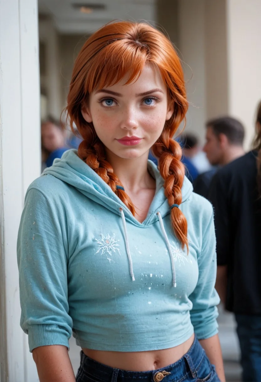 score_9,score_8_up,score_7_up,score_6_up, 1girl, Anna frozen, ginger, twin braids, portrait, photo realistic, candid, detailed, tight hoodie, jeans,