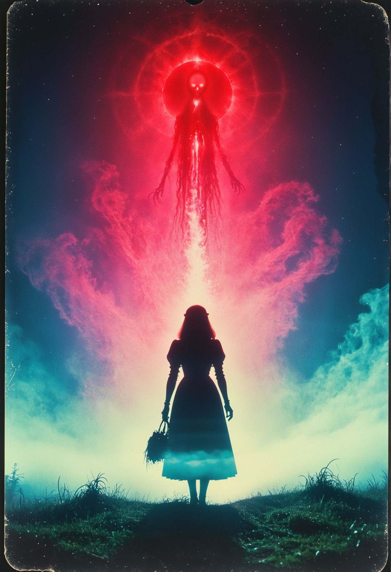 analog film photo, (ArsMovieStill, movie still from a 1970s horror movie), (macabre aesthetics), centered composition, dark and moody, movie poster, scene from the wizard of oz movie. liminal fog, particles, particle system, crimson light, eldritch, cosmic horror, unknown, mysterious, surreal, highly detailed <lora:70s_Horror_Movie:1>, faded film, desaturated, 35mm photo, vignette, vintage, Kodachrome, Lomography, stained, highly detailed, found footage