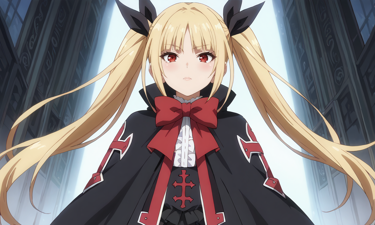 score_9, score_8_up, score_7_up, score_6_up, score_5_up, score_4_up, source_anime, anime screencap, masterpiece, insanely detailed, detailed background, zPDXL3, BREAK, RachelAlucardBB,1girl,solo,long hair,blonde hair,red eyes,red bow,ribbon,twintails,black hair ribbon,small breasts,frills,red bow,ghotic fashion,black capelet ,red cross pattern,black dress