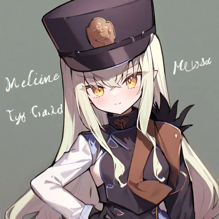 1girl, Melusine \(fate grand order\), fate grand order, solo, long hair, hat, white hair, ears, yellow eyes, peaked cap, jacket, black gloves, hand on own hip, closed mouth, hair over one eye, looking at viewer, brown necktie, large breasts, eyes visible through hair, smile, long sleeves, gloves, upper body, light green hair, character name, necktie, breasts, english text, blush, black headwear, white jacket, 
masterpiece,best quality,  newest, absurdres, safe <lora:ag31_twin_fp8-000036:1>