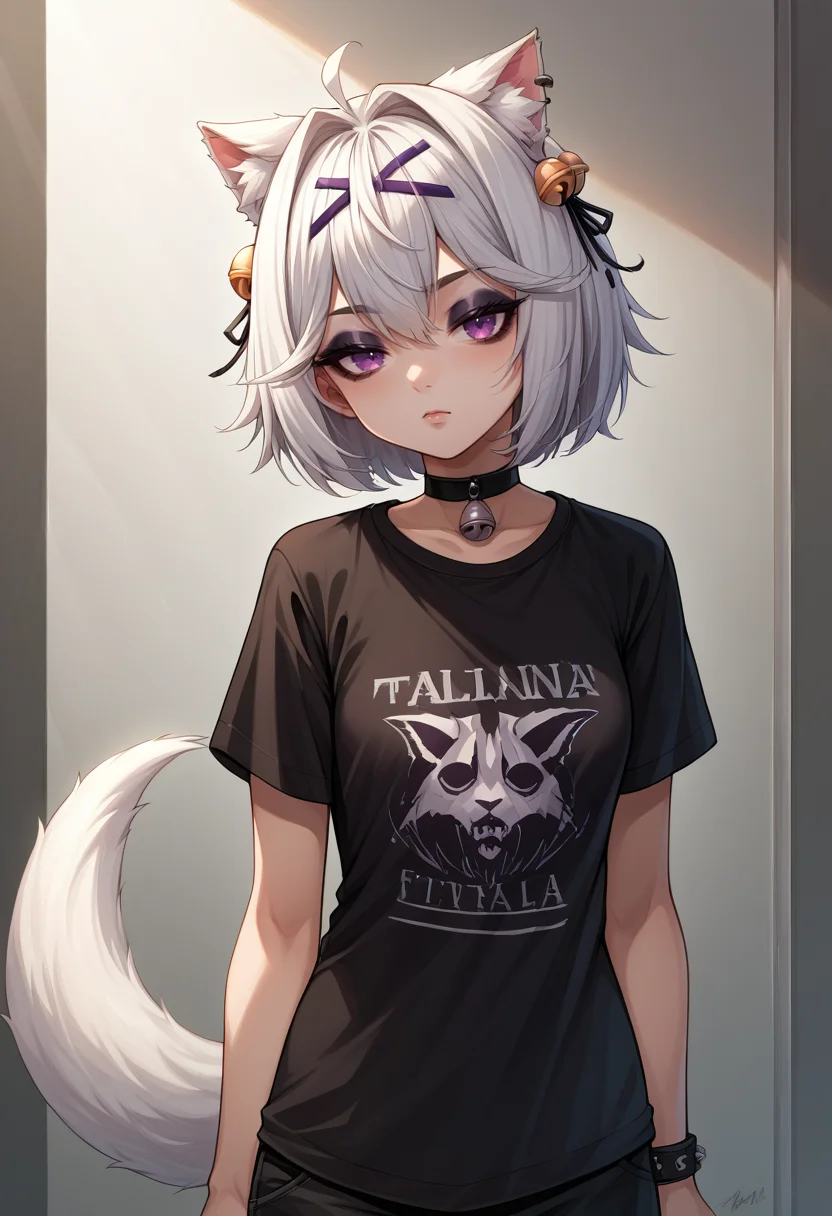 score_9, score_8_up, source_anime, 1girl, solo, Filian, tail, short hair, hairclip, hair bell, black shirt, t-shirt, black choker, goth, eyeliner, eyeshadow, <lora:ChamFilianPonyXL:1>