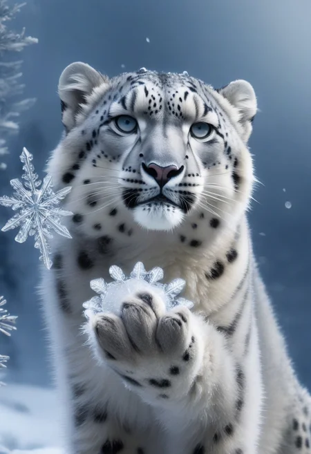 A close-up of an anthropomorphic snow leopard with sleek, frost-kissed fur, its paw outstretched to catch a glistening snowflake. The intricate details of the paw pads and fur are in sharp focus, with soft winter light highlighting the crystalline snowflake, a blurred snow-covered forest in the background.