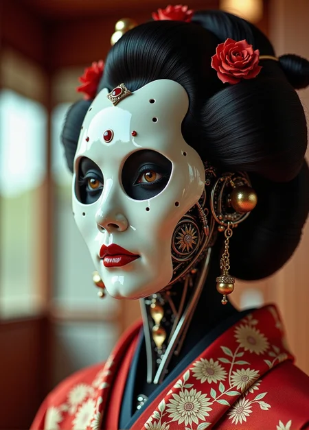 <lora:ck-Neurocore-Realistic-Cyborgs:1> woman Geisha is an android, the plastic cyborg mask is open, the mechanical parts of the robot are visible inside, the android is very sinister and dangerous, from the epic movie Ghost in Armor, erie japanese teahouse background, (style by George Shaw), shallow depth of field, vignette, (Fujicolor Superia X-TRA 400),