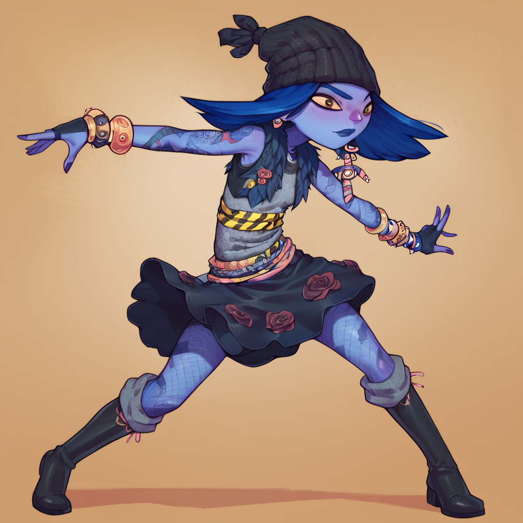 score_9, score_8_up, score_7_up, score_6_up, lizzie natividad, ((1girl)), ((solo)), full body, grey beanie, pom pom beanie, earrings, colored skin, purple skin, blue hair, black tattoos, caution tape, skirt, black skirt, dark blue skirt, blue lipstick, blue eyebrows, sleeveless gray shirt, rose pattern, boots, knee boots, bracelets, leaves vest, makeup, eyeshadow, brown eyes , fighting stance, detailed background, fierce expression, <lora:Lizzie_Natividad_Psychonauts_-_PonyXL:1>  <lora:AsuraLycoXL:1>