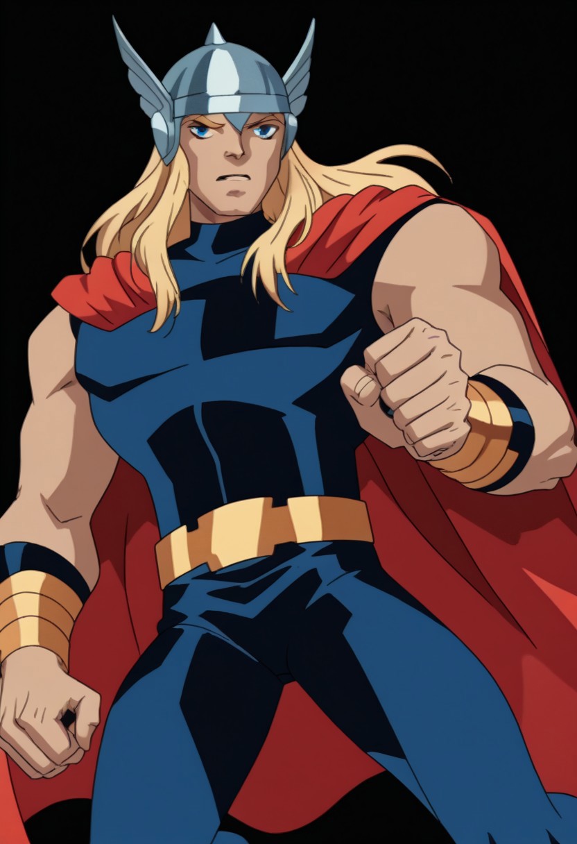 score_9, score_8_up, score_7_up, 2zdxxps, animated screencap, 1male, solo, adult, th1or03, blonde hair, long hair, blue eyes, silver helmet, black unitard, sleeveless, metal circles on chest, red cape, red bracelets, golden belt, blue leggings, golden boots, dynamic pose, action pose, ((anime, animated))), simple background, solid white background, full body shot,
