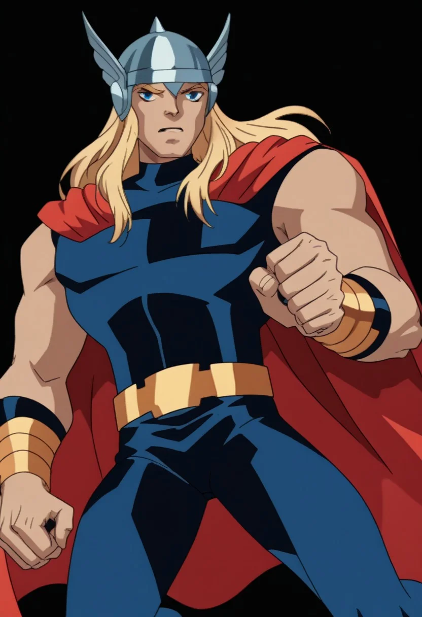 score_9, score_8_up, score_7_up, 2zdxxps, animated screencap, 1male, solo, adult, th1or03, blonde hair, long hair, blue eyes, silver helmet, black unitard, sleeveless, metal circles on chest, red cape, red bracelets, golden belt, blue leggings, golden boots, dynamic pose, action pose, ((anime, animated))), simple background, solid white background, full body shot,