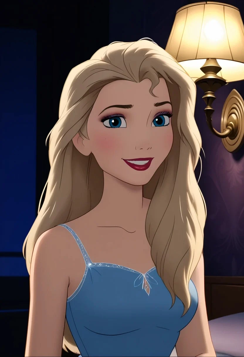 score_9, score_8_up, score_8, score_7_up, cartoon screencap, DisneyRenstyle, accurate_art_style, flat_color, flat_colors, 4k, extremely detailed, correct proportions, uncensored, BREAK, 1girl, elsa, hair down, loose hair, straight hair, light ash blonde hair, sleeveless micro light blue dress, large breasts, looking at the viewer seductively, sexy smile, BREAK, indoors, dark modern bedroom at night, lamp lighting, warm glow from offscreen, BREAK, vibrant colors, 85% dark lighting, 50% studio lighting, 50% soft lighting