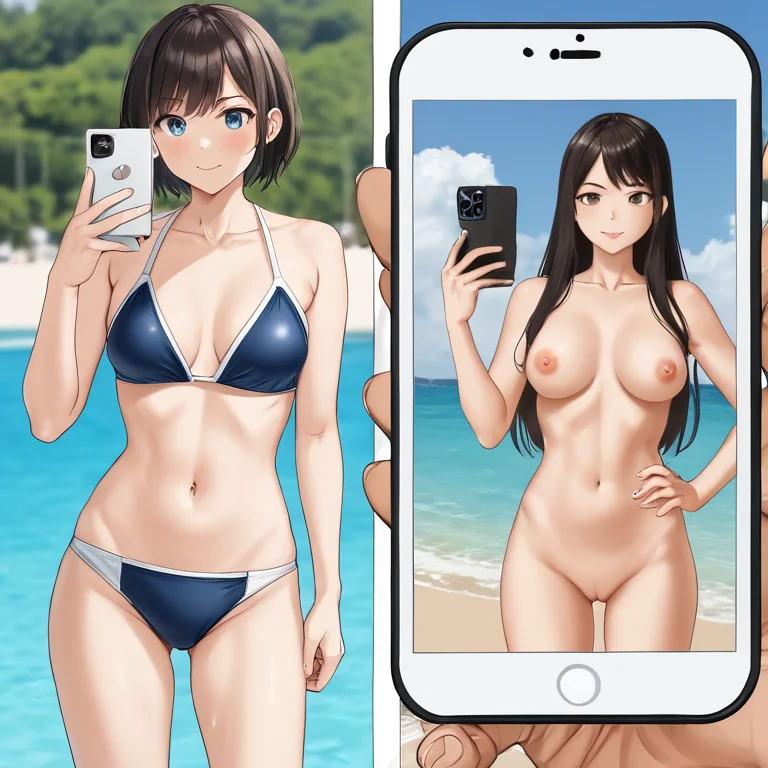 photo_comparison, <lora:PhotoComparison-SXL:1>, 1girl, swimsuit, picture in mobile, holding_smartphone, photo, naked girl in photo