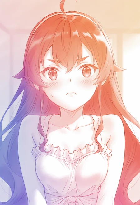 <lora:Colored pencils_illustrious-000098:1.2>,
monochrome,simple_background,colorful,white_background,
<lora:Eris Greyrat_illustrious-000016:0.8>,
eris greyrat,1girl,ahoge,blush,breasts,looking at viewer,closed mouth,collarbone,upper body,frills,frown,sleeveless,hair between eyes,bare shoulders,dress,solo,sweatdrop,white dress,indoors,blurry,thick eyebrows