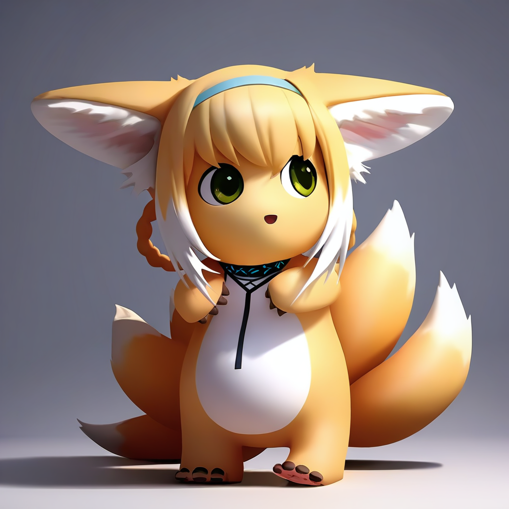 suzuran \(arknights\),(nailong), no humans,yellow skin,3d,
green eyes,animal ears,blonde hair,multiple tails,
full body, 
simple background, white background,
best quality, masterpiece,
 <lora:nailong_noob_ep50_v1-000010:1.3>