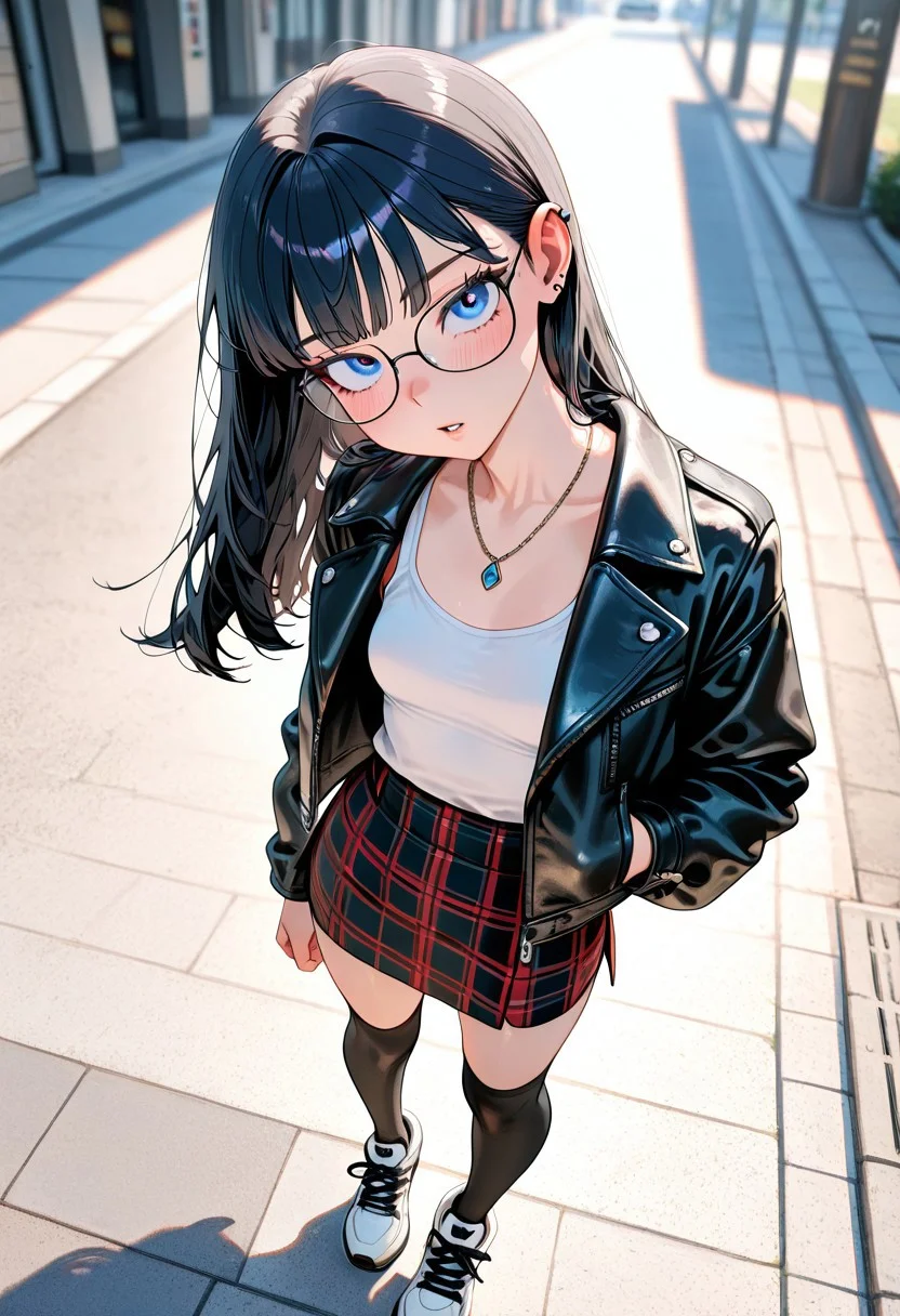 8K, best quality,masterpiece,amazing quality,ultra-detailed,delicate illustration, best shadows, very detailed, scenery, depth of field, volumetric, cinematic perspective, hyper-realistic, masterpiece, best quality, amazing quality, highly detailed, very aesthetic, newest) , , sexy pose,
blushing, asian girl, small head, pretty girl, korean girl,
((slim body)), (small breasts), Dynamic angle, Dynamic pose,
ear piercings, Nswf, ,,,,,
1girl, open black jacket, leather jacket, athletic sneakers, plaid skirt, black knee high socks, necklaces, blue eyes, dark hair, long hair, dynamic angle, from above, outdoors, standing, sidewalk, white tank top, parted lips, glasses, looking at viewer, head tilt, hand in pocket,
masterpiece, best quality, very awa, absurdres, highres, newest, very aesthetic, ambient occlusion, raytracing,
<lora:PowerPuffMixLora:0.8>,