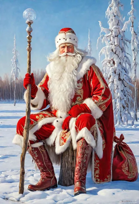 masterpiece, best quality, oil painting, DedMoroz, 1boy, stern face of an old man, thick eyebrows, kind eyes, long beard, sitting on stump, large canvas bag with gifts at his feet, red high boots, frozen ice lake, magic staff, provincial Russian village in the background, snow, frost and sun, wonderful day, ultradetailed, <lora:DedMoroz:1>,