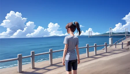 score_9,score_8_up,score_7_up,
<lora:miiyamotoHikari:0.7>,miiyamotohikari,
1girl,solo,black hair,bangs,ponytail,blue scrunchie,brown eyes,grey t-shirt,tight clothing,cowboy shot,back view,outdoors,blue sky,sea,cloud,street,railings,distant large bridge,distant mountains,clear blue sky,soft clouds drifting,summer,perspective shot,beautiful landscape,figure positioned on the left side of the frame,
