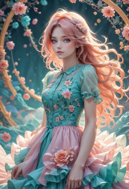 Romantic Rosette dress2, (knee shot), (Surreal), (illustration), (Resolution enhancement), (8k), (Very detailed), (Best illustration), (Beautiful and delicate eyes), (best quality), (Super detailed), (masterpiece ), ( wallpaper), (Detailed face),one blonde, curls,(High top fade in and out:1.3), (Smile brightly, bright look), dark theme, soothing tone, pastel colors, high contrast, (natural skin texture, SurrealN;NI, soft light, Impatient),exposure blending, medium shot, Bokeh, (human development report:1.4), high contrast, (Movie, teal and orange:0.85), (pastel colors, fade, soothing tone:1.3), high saturation, (Super detailed:1.2)