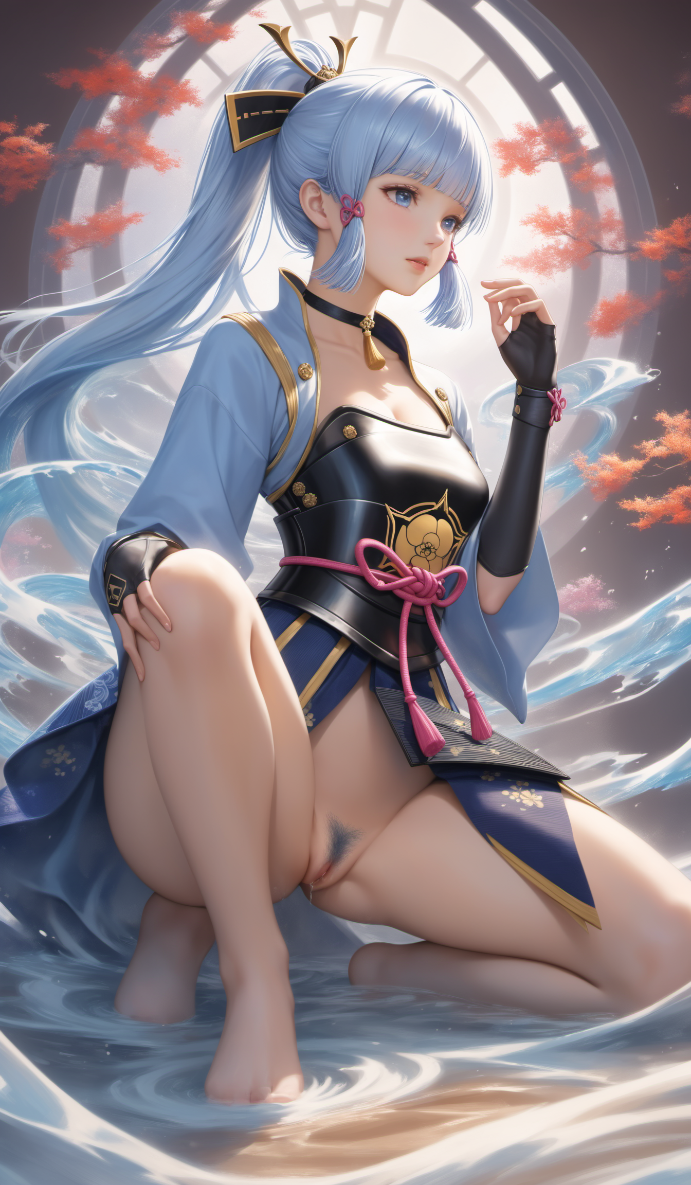 (genshin impact)ayaka kamisato, blunt bangs, blue eyes, blue hair, hair ornament, hair ribbon, hair tubes, long hair, ponytail, tress ribbon,arm guards, armor, armored dress, black dress, black gloves, light blue jacket, breastplate, dress, fingerless gloves, flower knot, gloves, neck tassel, open clothes, open jacket, socks,  tabi, tachi-e, bridal gauntlets, choker, japanese armor, japanese clothes, short sleeves,\(genshin impact\),(masturbation, touching own pussy:1.4),(pubic_hair:1.4),
(Best quality,masterpiece,absurdres,ultra realistic:1.4),(Rococo:1.4),(close portrait:1.3),(((photo raw)),),peerlessly , beautiful detailed eyes,(see-through_clothing),(Elegant),shine,glowing,sparkling,energy coalescing and vibrating,(dynamic angle,dynamic pose),full_body,kneeling ,nsfw, topless, nude,charming,alluring,seductive,enchanting,cleavage,exposed,(Dream_wave:1.22),
(Around floating colorful web:1.4)the most beautiful form of chaos,(geometric:1.4),(colorful leaves:1),
naked young woman ( peeing piss:1.4)  by the pool ,  (medium breasts:1.3) ,