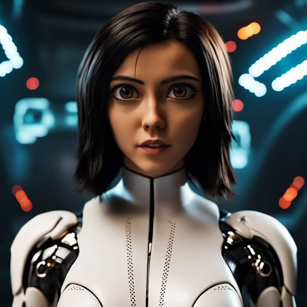cinematic photo a woman with big eyes, portrait, futuristic white body suit, cyberpunk background <lora:Alita1024-2024:0.8> . 35mm photograph, film, bokeh, professional, 4k, highly detailed