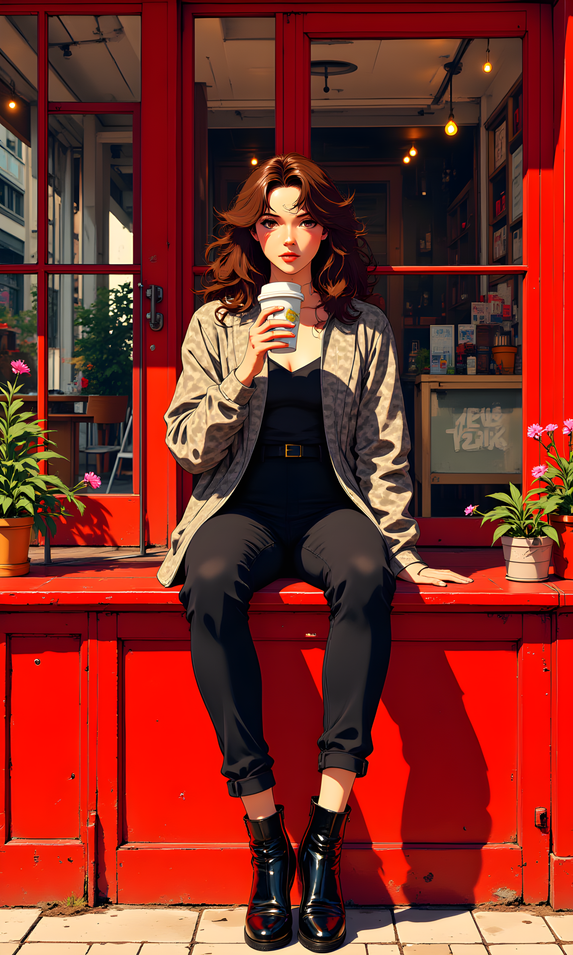 A woman sitting on a red ledge outside a storefront. She has long, wavy hair and is dressed in a stylish outfit consisting of a patterned jacket, black pants, and ankle boots. Her pose is relaxed yet confident, with one leg crossed over the other.
Her facial expression is calm and composed. She appears to be enjoying her drink, as she is holding a cup close to her face. The overall expression conveys a sense of ease and contentment.
She is sitting with one leg crossed over the other, leaning slightly against the ledge. Her posture is upright and relaxed, indicating comfort and confidence in her surroundings. The way she holds the cup suggests she is taking a moment to enjoy her drink.
She is wearing a patterned jacket that adds a touch of personality to her outfit. The jacket is paired with black pants and ankle boots, creating a cohesive and fashionable look. The simplicity of her clothing allows the focus to remain on her actions and the setting.
The camera is positioned at eye level, capturing the subject from a frontal perspective. This angle allows for a clear view of her face and outfit while also including the background elements. The framing focuses on her upper body and face, highlighting the details of her expression and attire.
The lighting is soft and natural, likely from sunlight, casting gentle shadows around the subject. The light highlights her features and the texture of her clothing, while the shadows add depth and dimension to the scene. The overall lighting creates a warm and inviting atmosphere.
The background features a storefront with large windows and a red facade. The windows display various items, adding to the urban and lively ambiance of the setting. The colors in the background are vibrant, which helps to keep the focus on the subject.
The composition is well-balanced, with the subject centrally framed. The lines of the ledge and the direction of the shadows lead the viewer's eye towards her. The background elements, such as the storefront and the windows, are arranged in a way that complements the subject without distracting from her. The overall composition is harmonious and visually appealing, capturing a moment of quiet enjoyment in an urban setting.
BREAK j_art, <lora:FLUX\jul\J_Anime:1.0>, <lora:FLUX\RetroAnimeS1.1:0.0>, <lora:FLUX\GLSHS:0.0>, <lora:FLUX\Dieselpunk Delight - s0_9 g4:0.0>