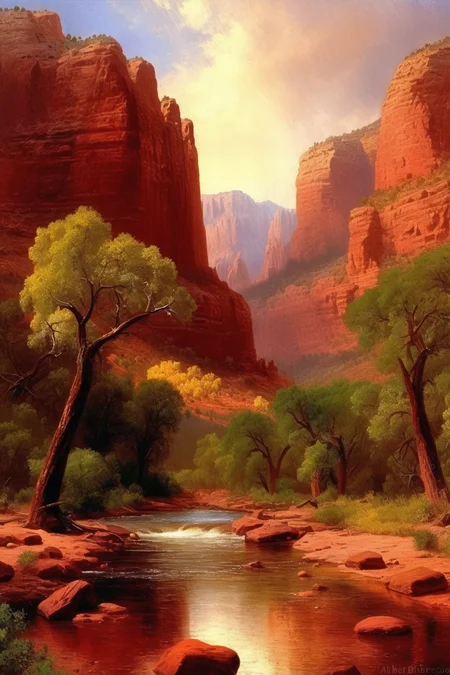 <lora:Thomas Moran Style:1>Thomas Moran Style - sedona oak creek canyon epic picturesque landscape red rocks albert bierstadt