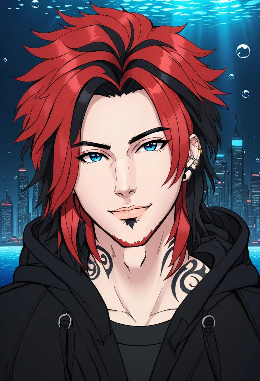 Duskfallcrew Art Style, 1boy, male focus, femboy vibes, pale skin, american, long hair, fluffy hair, two tone hair, red hair, black hair, hooded jacket, tshirt, portrait, upper body, tattoos, friendly, smirk, clean shaven, , underwater, air bubble, cityscape, , cyberpunk, soft lighting, best illustration, cinematic angle, cinematic lighting, masterpiece, official art,