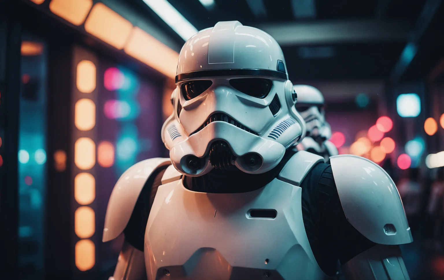 cinematic film still, Storm Trooper, colored lights, amazing quality, wallpaper, analog film grain <lora:aesthetic_anime_v1s:0.5> <lora:add-detail-xl:1.1>