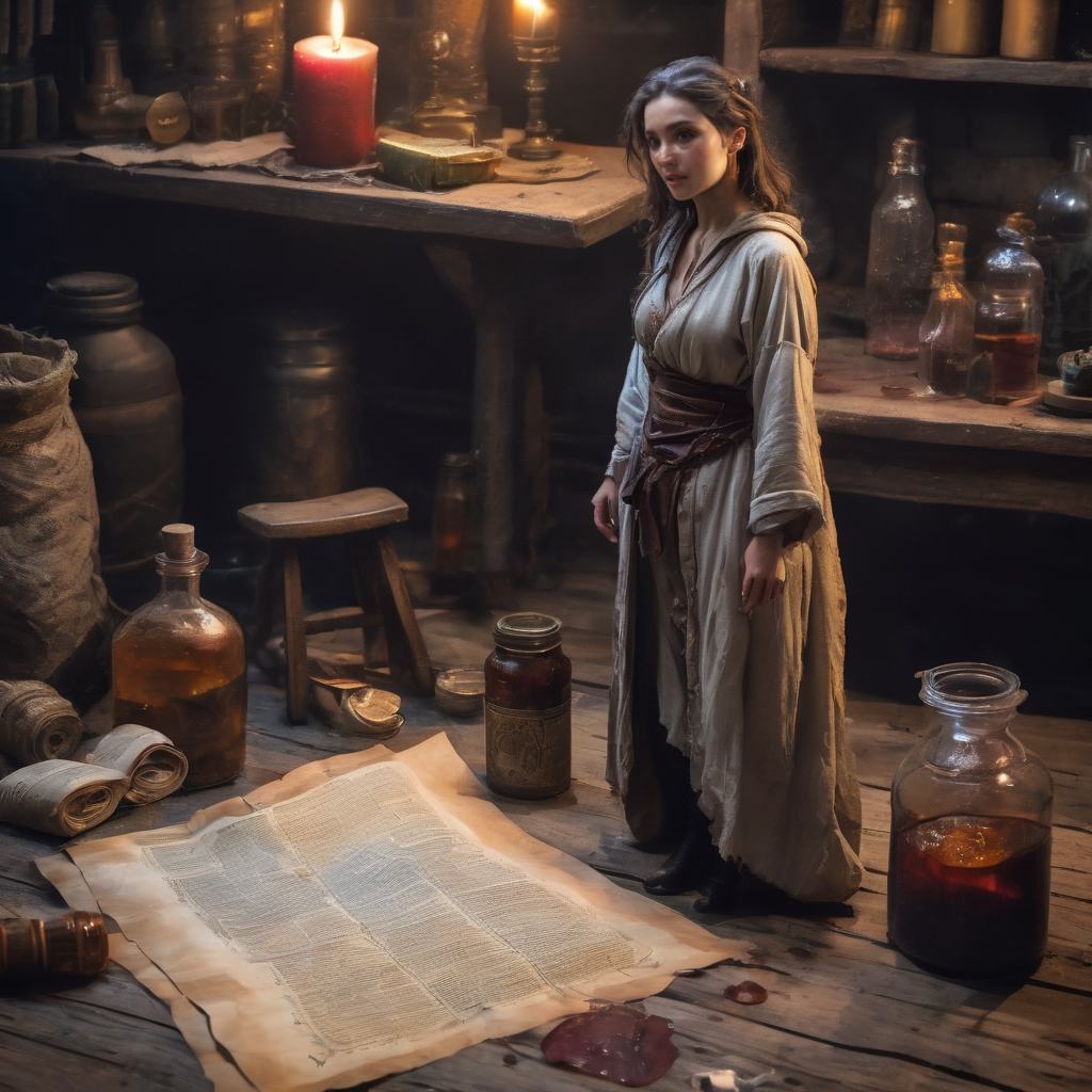 ((dirty)), highly detailed person, (shrunken:1.2,miniature:1.2), tiny 30 year old woman,  very loose oversized baggy clothes, fantasy adventures party, broken cloth, dungeon, close-up, standing on wooden chair,  woman next to magical paper scroll, woman next to potions bottle, UHD 8k wallpaper,  <lora:shrunk_v1_xl:0.85>