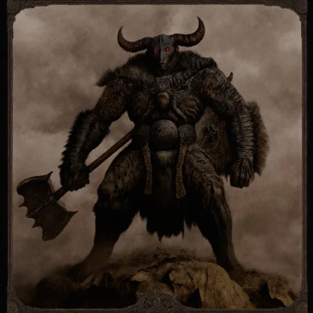 first person pov, 3D01S, simple background atmospheric and powerful dark fantasy, natural organic and first person pov of a berserk style 
towering, imposing warrior with a beastly physique stands ready for battle, exuding raw power and menace. His muscular body is covered in battle-worn, fur-lined armor, revealing patches of leathery, scarred skin underneath. Two wicked horns protrudes from his blackened, demonic helmet, which is adorned with menacing spikes and glowing red eyes that peer out from the shadows. His face is hidden behind a skeletal visage, amplifying his fearsome aura.
In his right hand, he grips a massive, iron Maul, worn with the scars of countless battles, while his left arm bears a thick, iron-forged shield, emblazoned with a raised skull emblem that radiates dark energy. His legs, resembling those of a satyr, are covered in fur and end in hooved feet, emphasizing his inhuman nature. The beast-like warrior's posture is aggressive, his muscles tense, and his expression determined, as if he is ready to charge into combat. His presence alone commands fear, an unstoppable force of darkness and brute strength.
UHD letterboxed game trailer frame chromatic aberration dark atmosphere sharp masterpiece with a focus on the character, elden ring style, dark atmosphere, chromatic aberration