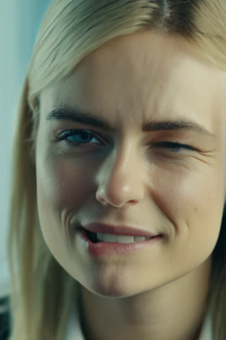 portrait photo of an 20 years old european blonde haired woman sitting in office, \(biting her lips\), \((winks with one eye at viewer\)) , 8k, uhd, realistic, detailed skin, insane detailed, Illumination daylight, <lora:artisticmakeup_bit_winks_yamer:1.1>