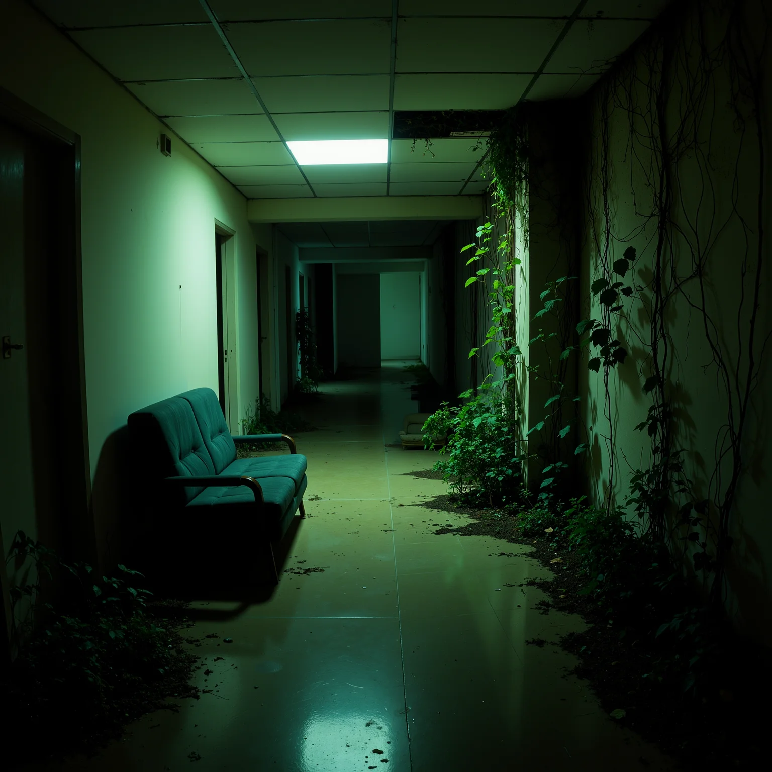 Empty backrooms hallway. Dimly lit, fine photographic detail. Sofa in the corner of the room. Retro-style furniture. Minimalist, liminal space. One side of the room is starting to become overgrown with plants, vines, and moss.<lora:Backrooms.safetensors:0.46:1.0>