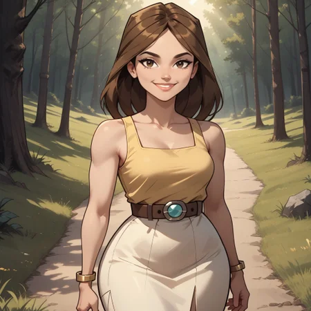 score_9, score_8, BREAK, solo, brown hair, lips, yellow sleeveless top, belt, white skirt, black high heel boots, yellow bracelet, breasts, total drama, Taylor_(Total_Drama), sexy pose, self portrait, smile, outdoors, sunlight, shadows, evening lighting, natural lighting, forest, trees, grass, orange sky, sunset