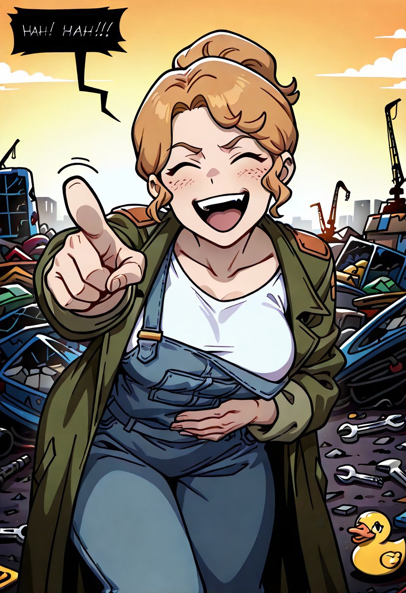 anime, masterpiece, best quality, detailed background, 8k, 
mature, 
motion lines, solo, hand on stomach, hunched over, pointing at viewer, looking at viewer, open mouth, laughing, <lora:Laughing_Text_IL:1> text next to head, hahaha, black speech bubble, white text, junkyard, daylight, joy teary eyes, closed eyes, orange sky, crane, rubber duck in background, broken cars, wrench, screws
DeToni, green jacket, shoulder patches, denim overalls, White Undershirt, one strap lowered,