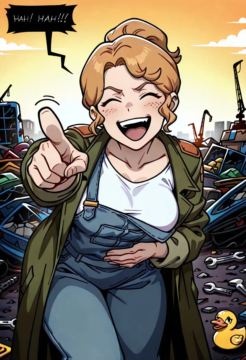 anime, masterpiece, best quality, detailed background, 8k,
mature,
motion lines, solo, hand on stomach, hunched over, pointing at viewer, looking at viewer, open mouth, laughing, <lora:Laughing_Text_IL:1> text next to head, hahaha, black speech bubble, white text, junkyard, daylight, joy teary eyes, closed eyes, orange sky, crane, rubber duck in background, broken cars, wrench, screws
DeToni, green jacket, shoulder patches, denim overalls, White Undershirt, one strap lowered,